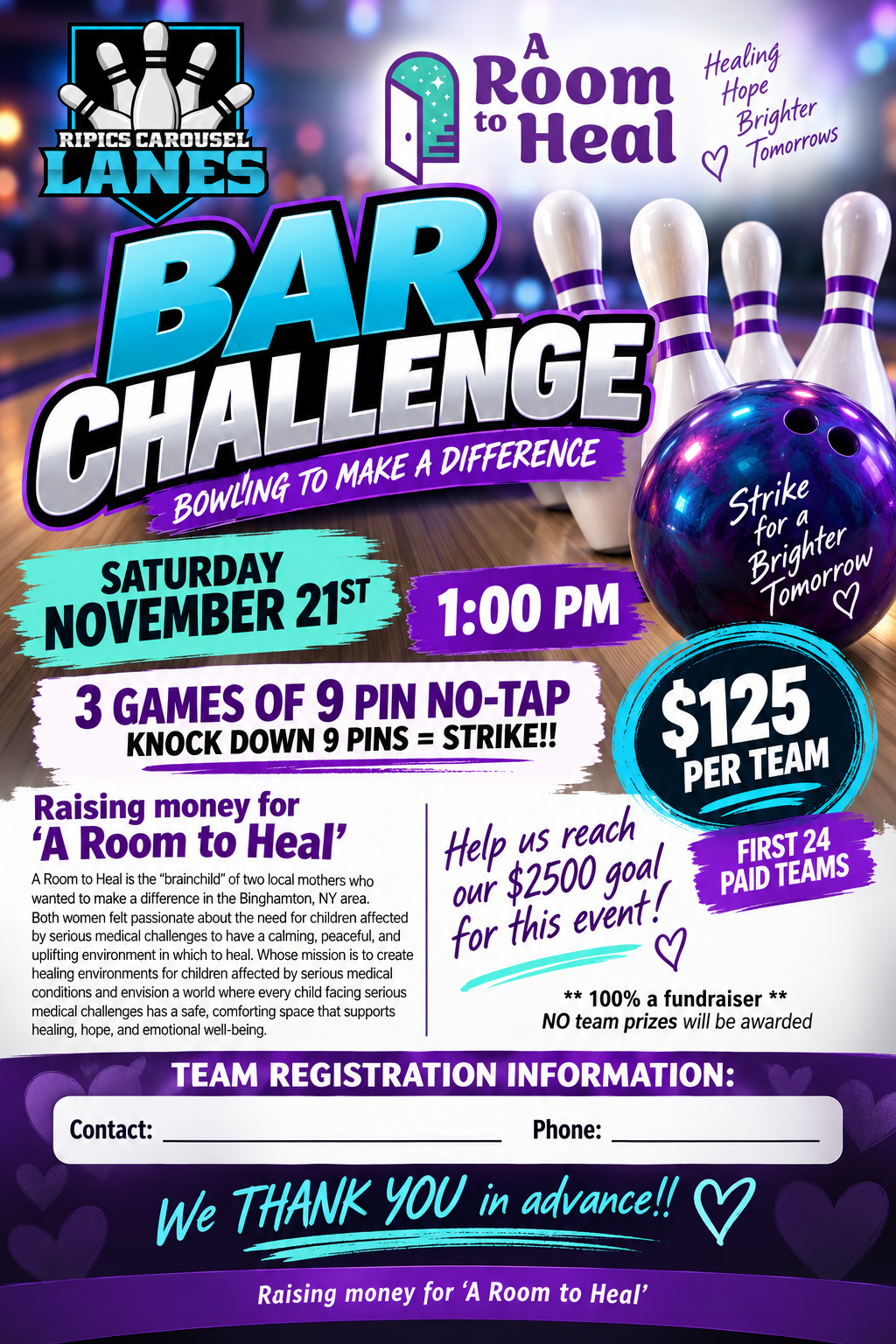 Bar Challenge fundraiser for A Room to Heal at Ripics Carousel Lanes flyer